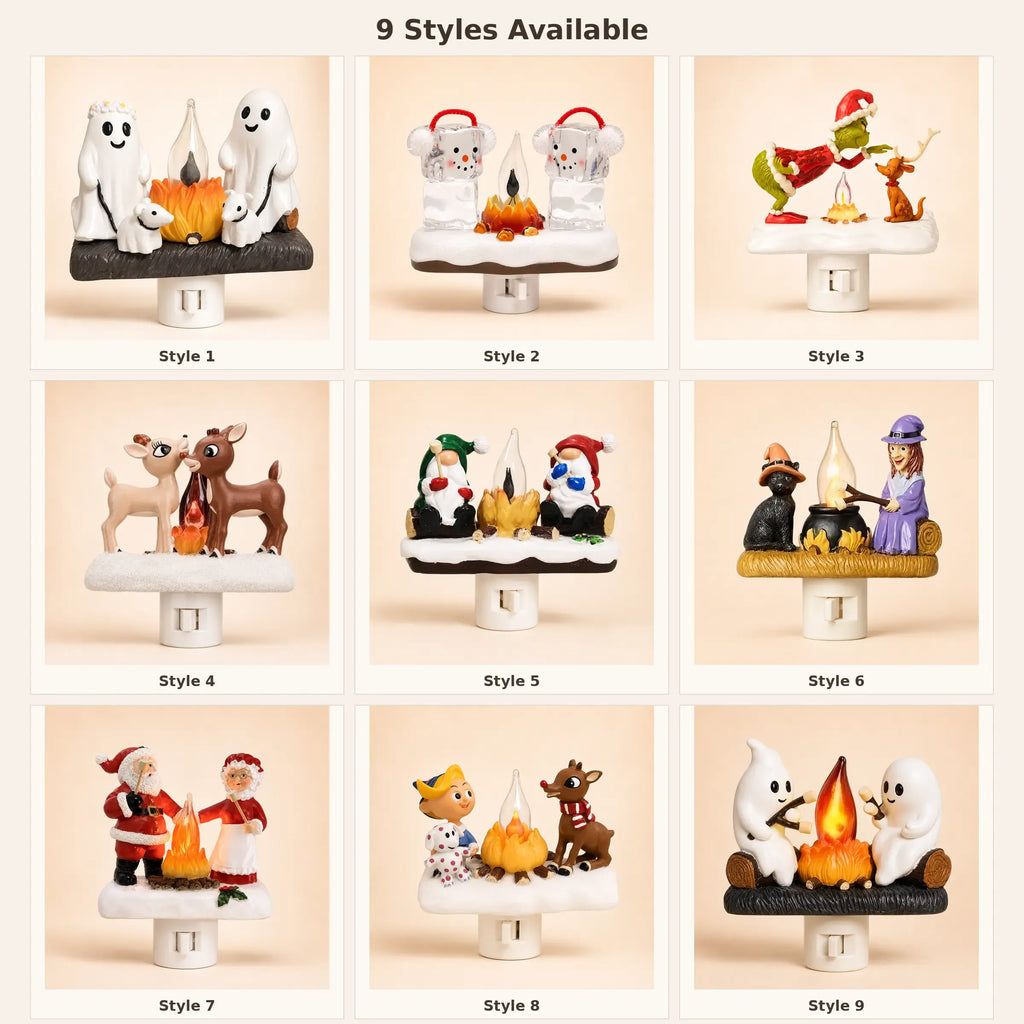 3D Flickering Campfire Plug-In Night Light, Halloween & Christmas Character LED Nightlight, Cute Indoor Holiday Decoration for Bedroom, Hallway and Gifts, Resin