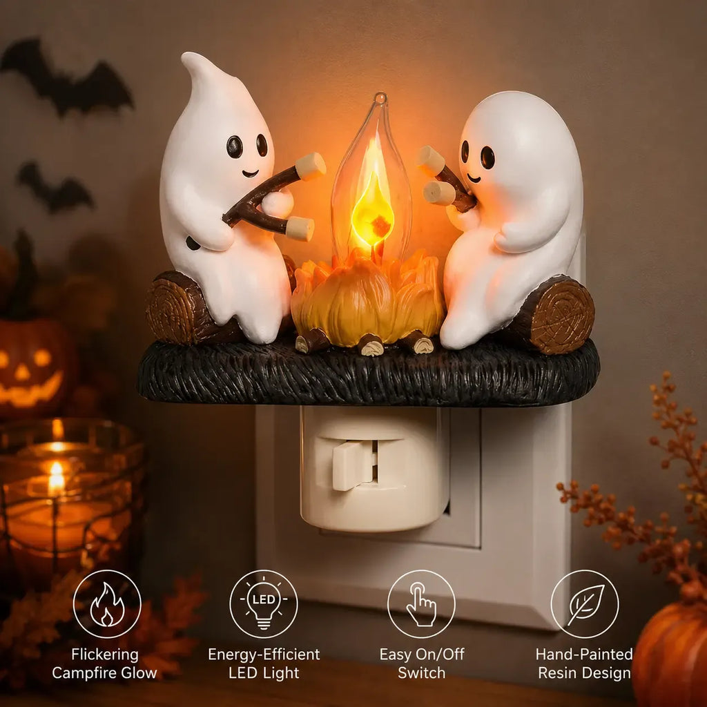 3D Flickering Campfire Plug-In Night Light, Halloween & Christmas Character LED Nightlight, Cute Indoor Holiday Decoration for Bedroom, Hallway and Gifts, Resin
