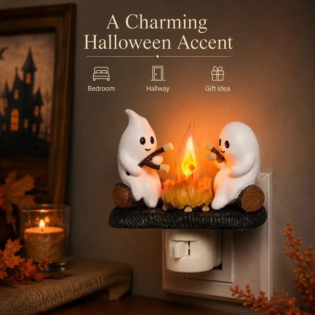 3D Flickering Campfire Plug-In Night Light, Halloween & Christmas Character LED Nightlight, Cute Indoor Holiday Decoration for Bedroom, Hallway and Gifts, Resin