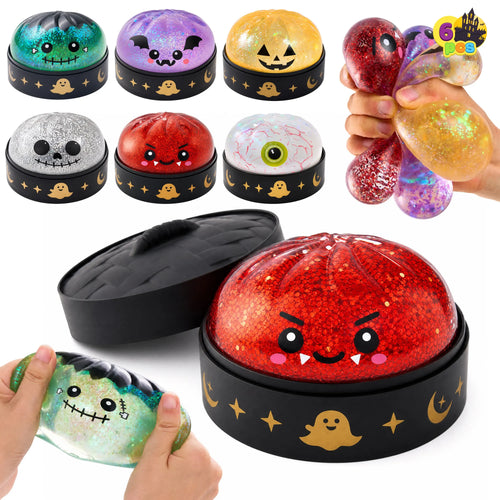 Halloween Dumpling Stress Relief Toys, 1pcs3pcs6pcs with Steamer Storage Boxes,Slow‑rebound maltose squishy toys, ideal for Halloween party gifts, featuring grimace pumpkin and little devil designs