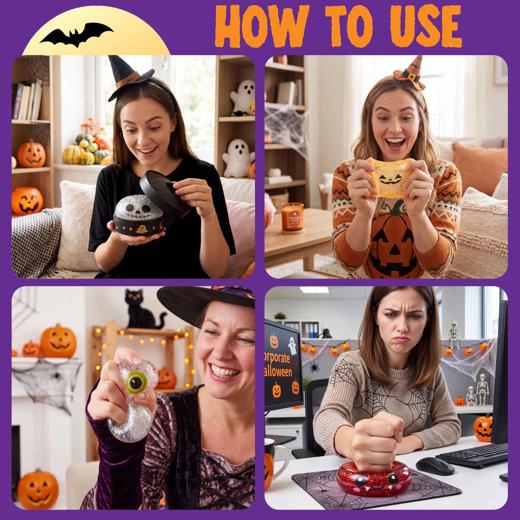 Halloween Dumpling Stress Relief Toys, 1pcs3pcs6pcs with Steamer Storage Boxes,Slow‑rebound maltose squishy toys, ideal for Halloween party gifts, featuring grimace pumpkin and little devil designs