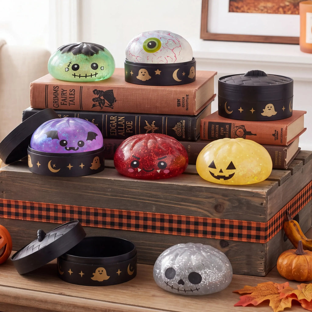 Halloween Dumpling Stress Relief Toys, 1pcs3pcs6pcs with Steamer Storage Boxes,Slow‑rebound maltose squishy toys, ideal for Halloween party gifts, featuring grimace pumpkin and little devil designs